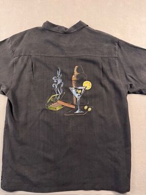 Luau Fine Silk Shirt Men's Large Black Martini Cigar Embroidered Hawaiian Cuban